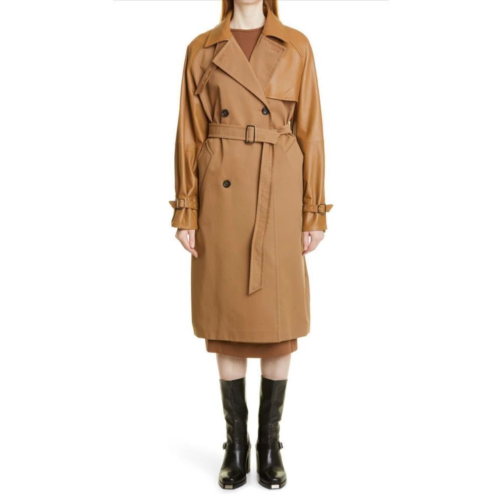 Max Mara Lichene Cotton & Leather Tan Belted Trench Coat Classic Size 8 - Picture 6 of 16